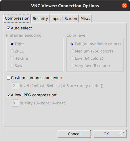 VNC viewer configuration of compression